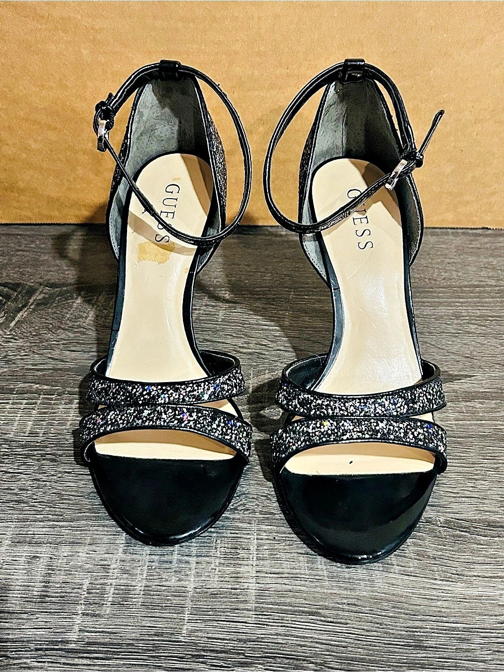 Guess Black Glitter Ankle Strap Heels